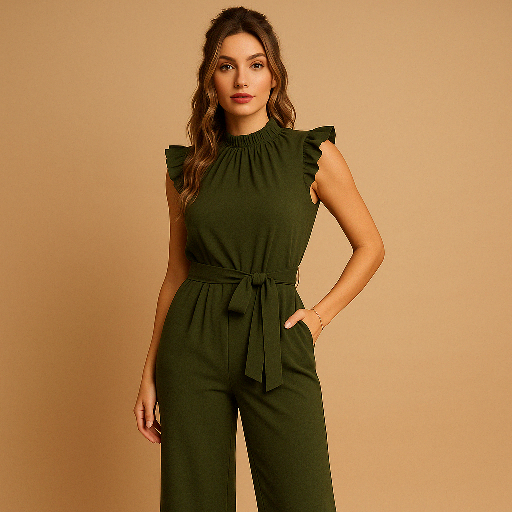 Women’s tailored jumpsuit with high round neckline, cap sleeves, and matching belt. A chic and elegant outfit for parties, dinners, or formal occasions.