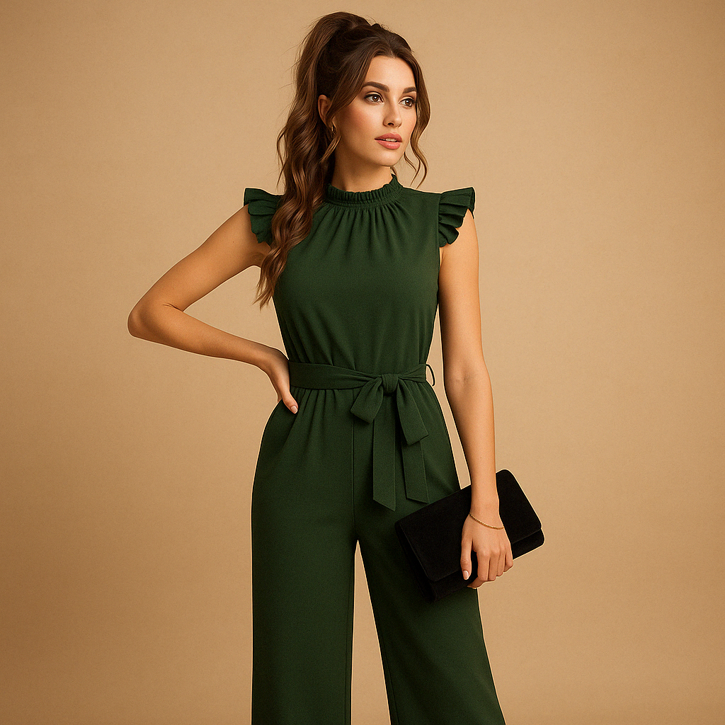 Women’s tailored jumpsuit with high round neckline, cap sleeves, and matching belt. A chic and elegant outfit for parties, dinners, or formal occasions.