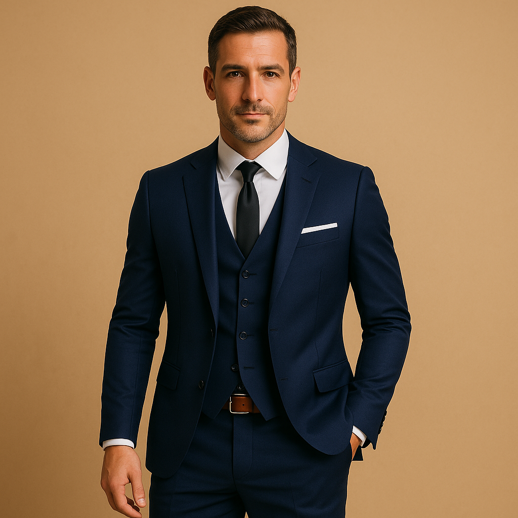 Three-piece slim fit suit for men with blazer, waistcoat, and trousers in a modern cut. Perfect for weddings, business, and formal occasions.