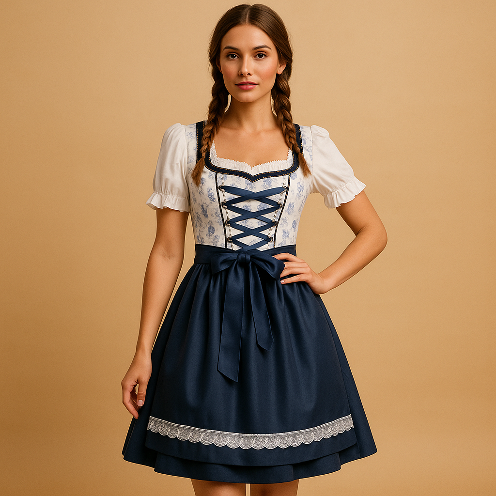 Traditional dirndl dress for women named Giselle, featuring lace details, a matching apron, and a flattering fit perfect for Oktoberfest and festive occasions.