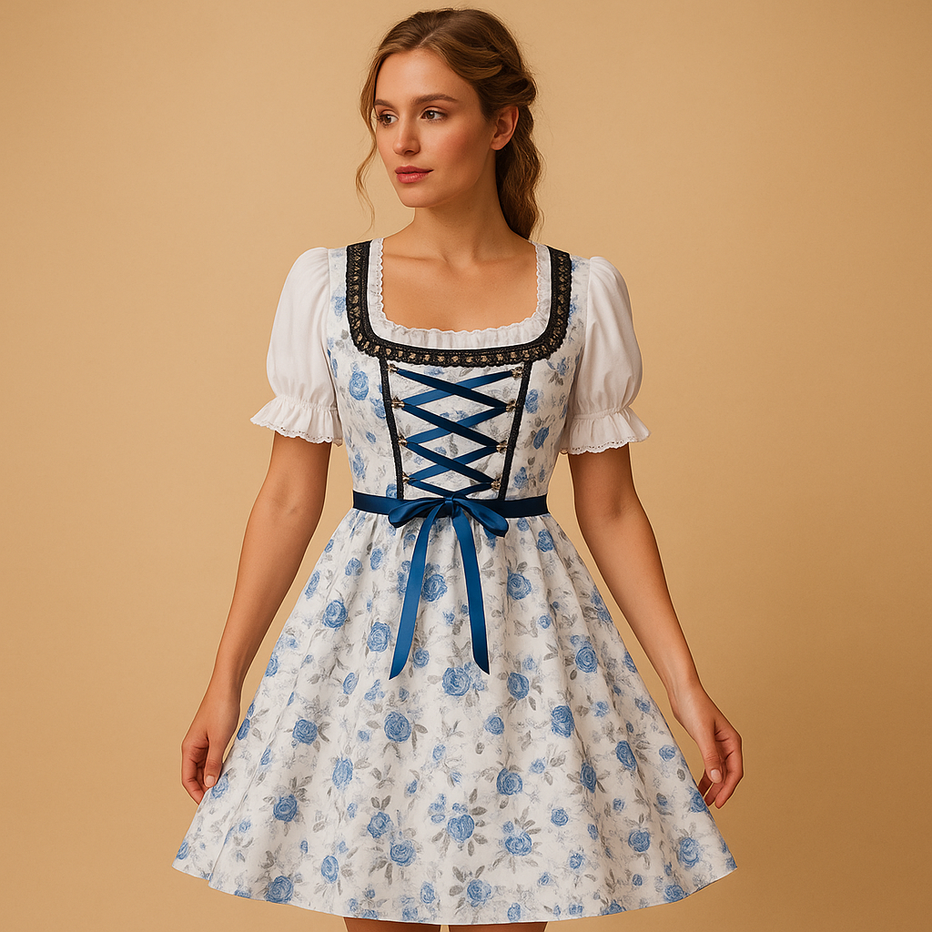 Traditional dirndl dress for women named Giselle, featuring lace details, a matching apron, and a flattering fit perfect for Oktoberfest and festive occasions.