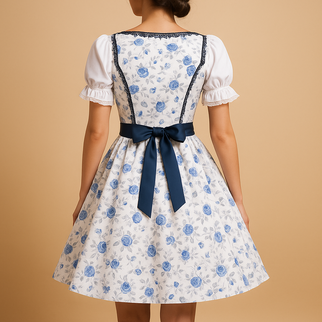 Traditional dirndl dress for women named Giselle, featuring lace details, a matching apron, and a flattering fit perfect for Oktoberfest and festive occasions.