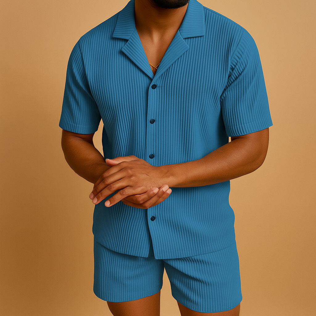 Elegant two piece summer outfit for men with lightweight fabric and refined details, perfect for vacations, casual gatherings, and stylish summer events.