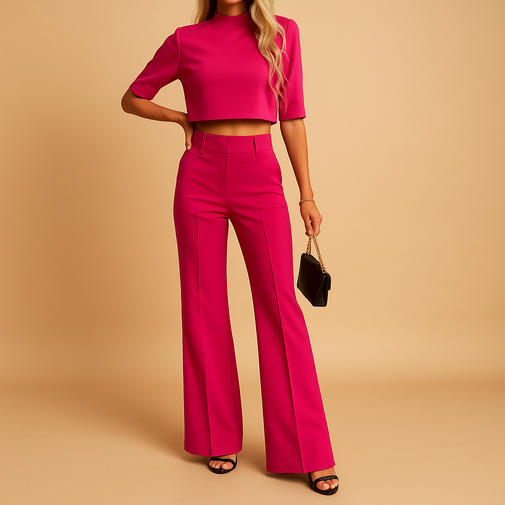 Elegant two piece autumn set for women with cropped top and matching pants, soft fabric and tailored fit, perfect for work, leisure, or casual days.