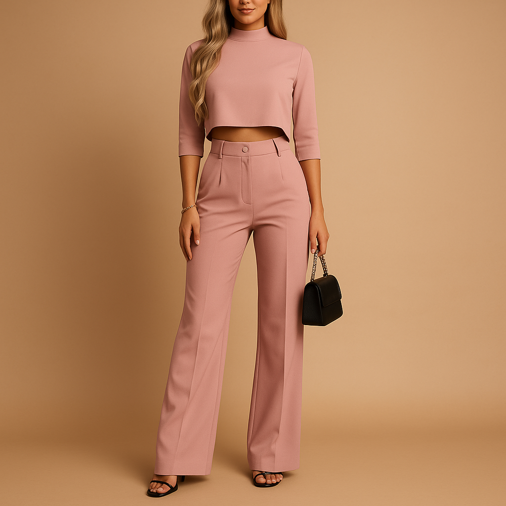Elegant two piece autumn set for women with cropped top and matching pants, soft fabric and tailored fit, perfect for work, leisure, or casual days.