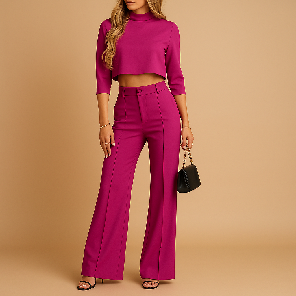 Elegant two piece autumn set for women with cropped top and matching pants, soft fabric and tailored fit, perfect for work, leisure, or casual days.