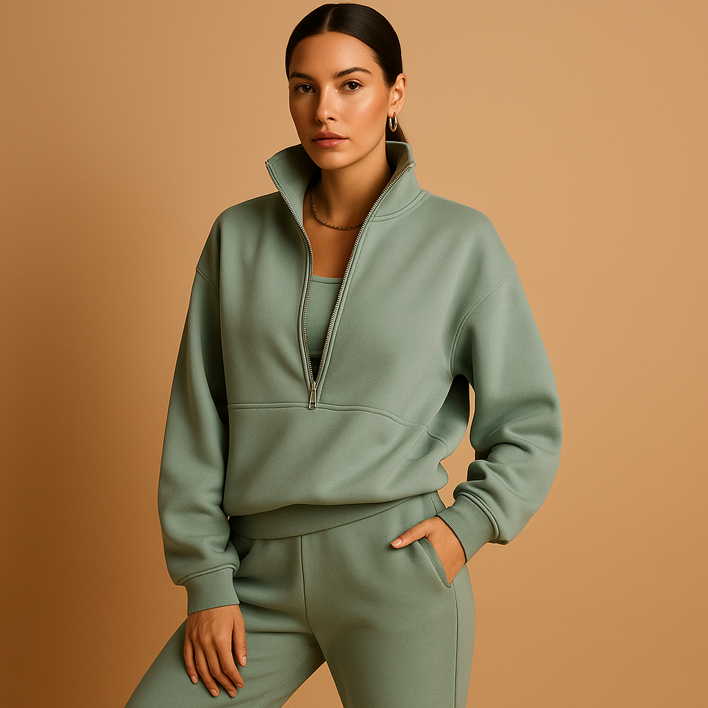 Two piece jogger set for women with relaxed-fit jogger pants and half-zip sweatshirt, available in pink, green, and blue, perfect for casual or sporty looks.