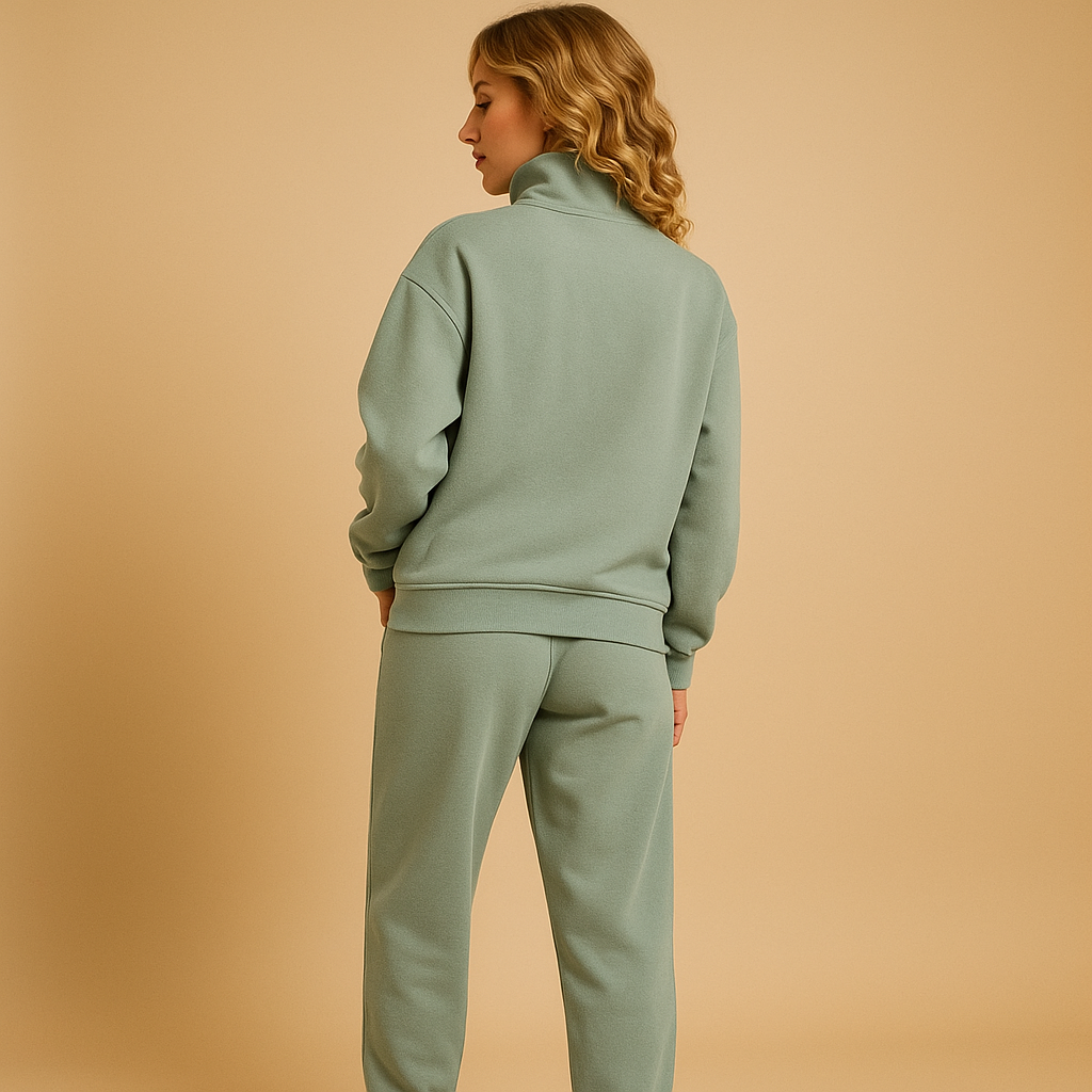 Two piece jogger set for women with relaxed-fit jogger pants and half-zip sweatshirt, available in pink, green, and blue, perfect for casual or sporty looks.
