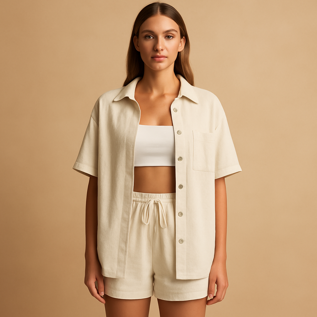 Lightweight two piece summer set for women with mid-length cardigan and drawstring shorts, available in solid summer colors, perfect for casual wear or beach days.