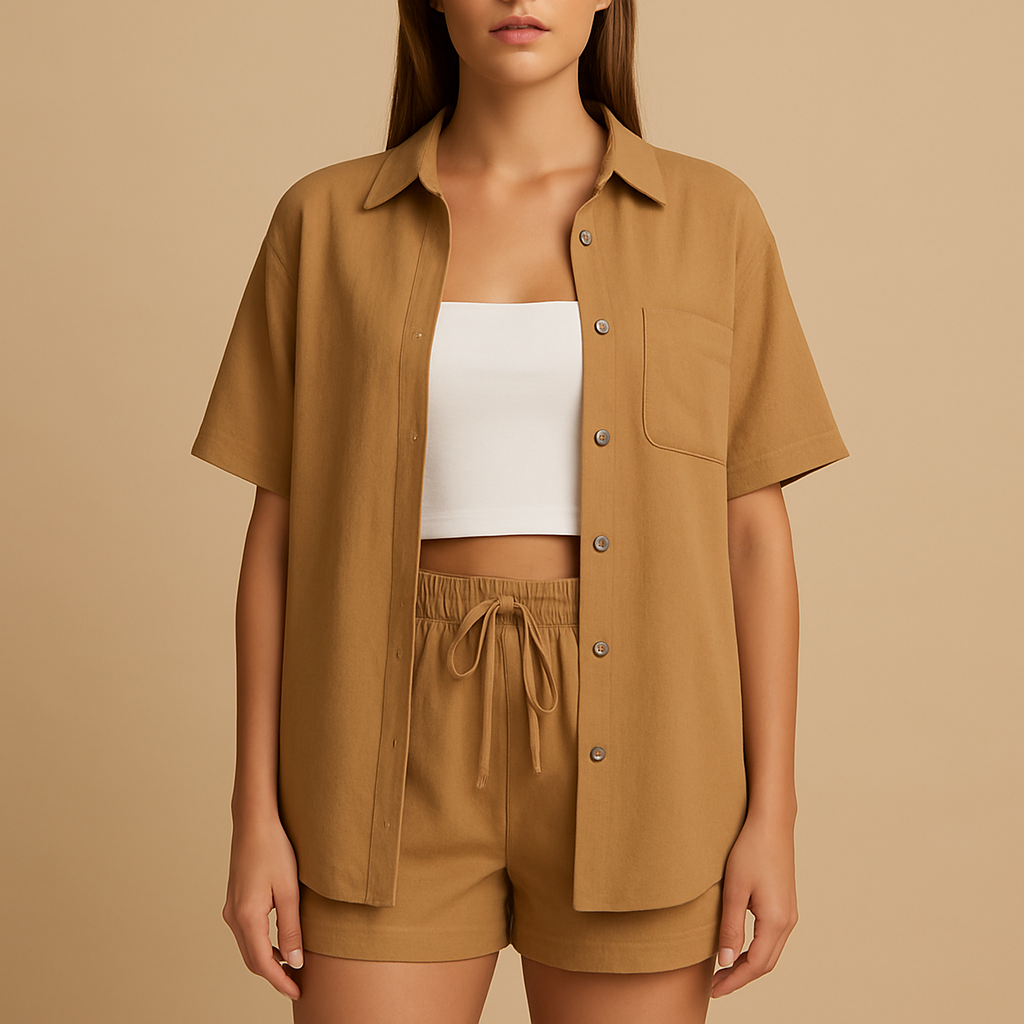 Lightweight two piece summer set for women with mid-length cardigan and drawstring shorts, available in solid summer colors, perfect for casual wear or beach days.