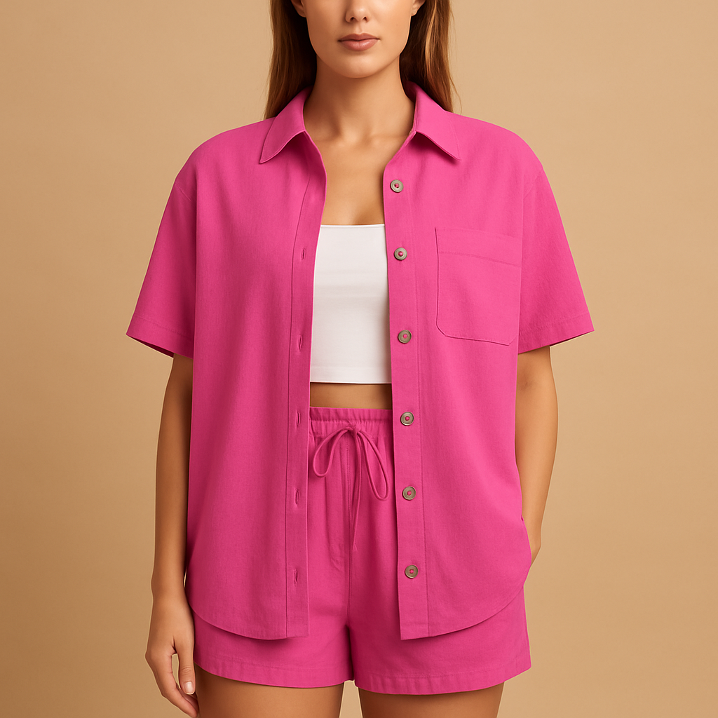Lightweight two piece summer set for women with mid-length cardigan and drawstring shorts, available in solid summer colors, perfect for casual wear or beach days.