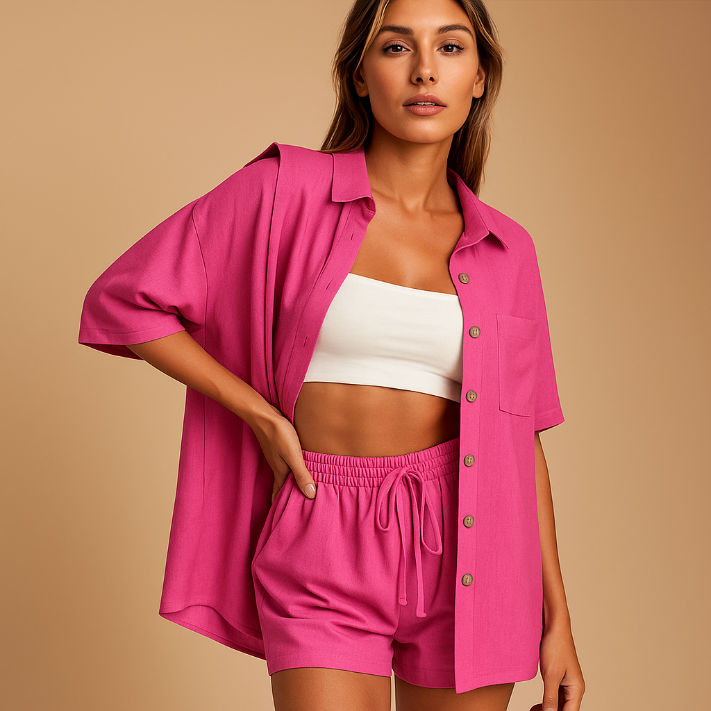 Lightweight two piece summer set for women with mid-length cardigan and drawstring shorts, available in solid summer colors, perfect for casual wear or beach days.