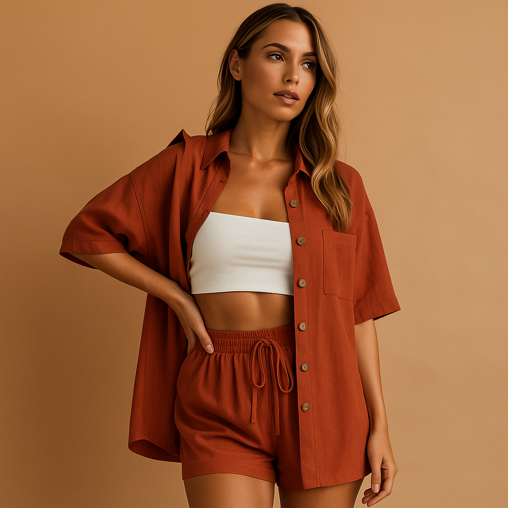 Lightweight two piece summer set for women with mid-length cardigan and drawstring shorts, available in solid summer colors, perfect for casual wear or beach days.