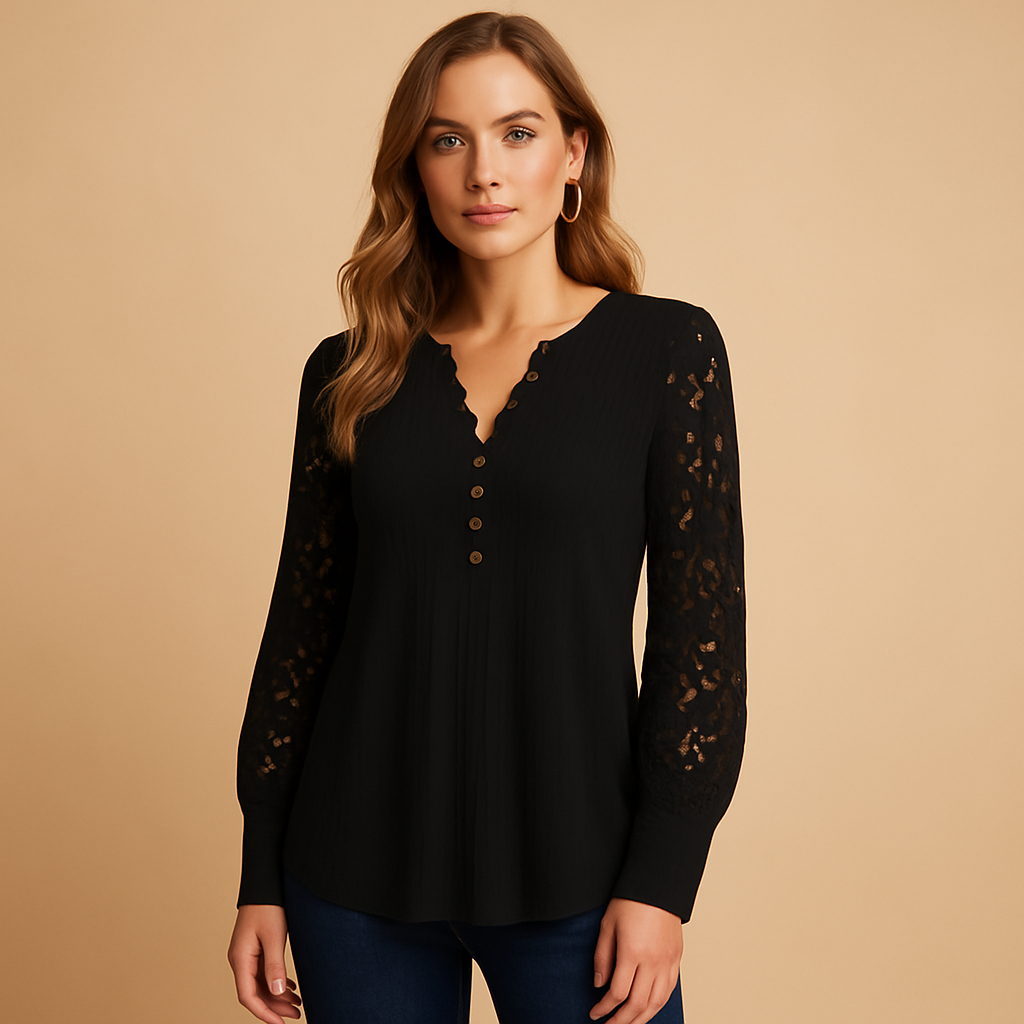 Women’s elegant V-neck blouse with lace details in white and black — comfortable, timeless, and perfect for work or formal events.