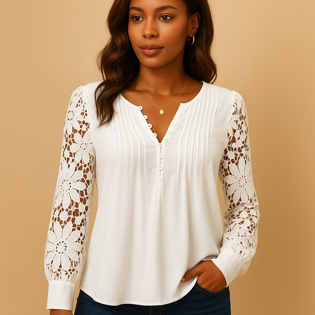 Women’s elegant V-neck blouse with lace details in white and black — comfortable, timeless, and perfect for work or formal events.