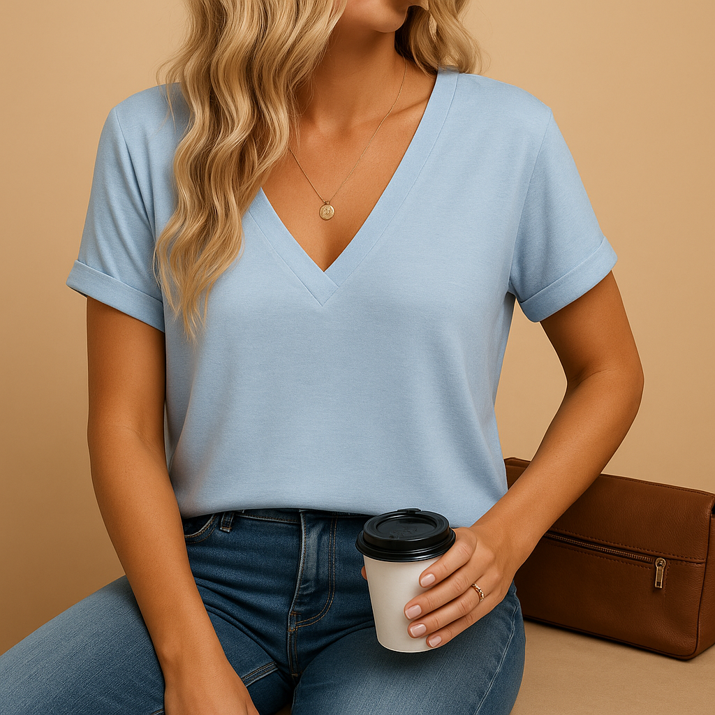 Women’s V-neck puff sleeve blouse in pink, gray, black, blue, light blue, and sea green — lightweight, elegant, and perfect for work or casual wear.