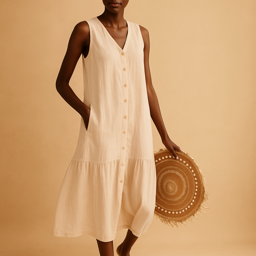 V-neck summer dress for women named Isla, featuring a relaxed, flowy silhouette ideal for beach days, casual outings, and warm summer evenings.