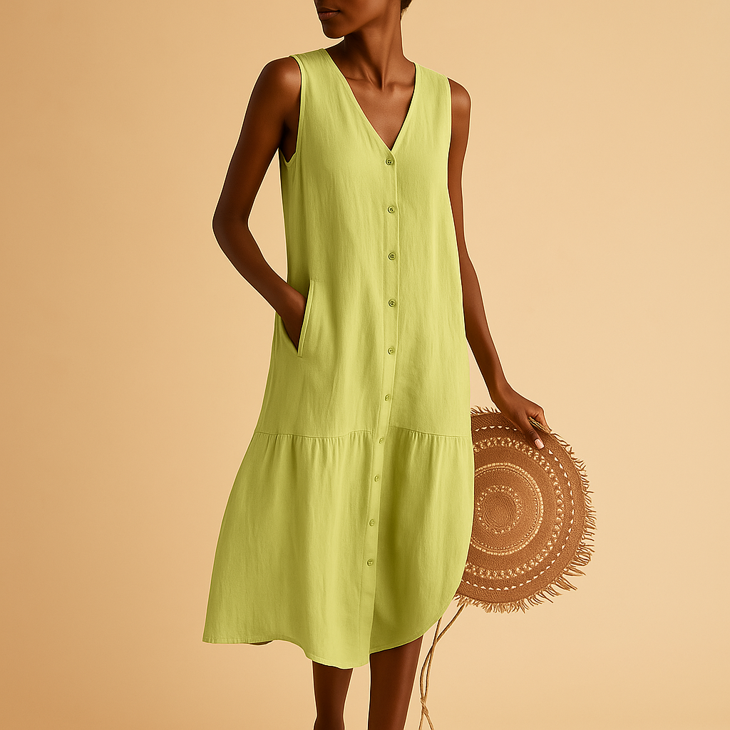 V-neck summer dress for women named Isla, featuring a relaxed, flowy silhouette ideal for beach days, casual outings, and warm summer evenings.