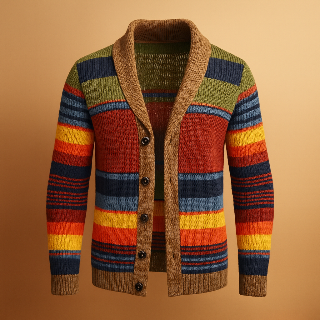 Men’s vintage knitted buttoned cardigan with a chunky warm texture, ideal for everyday, casual, or formal outfits during autumn and winter.
