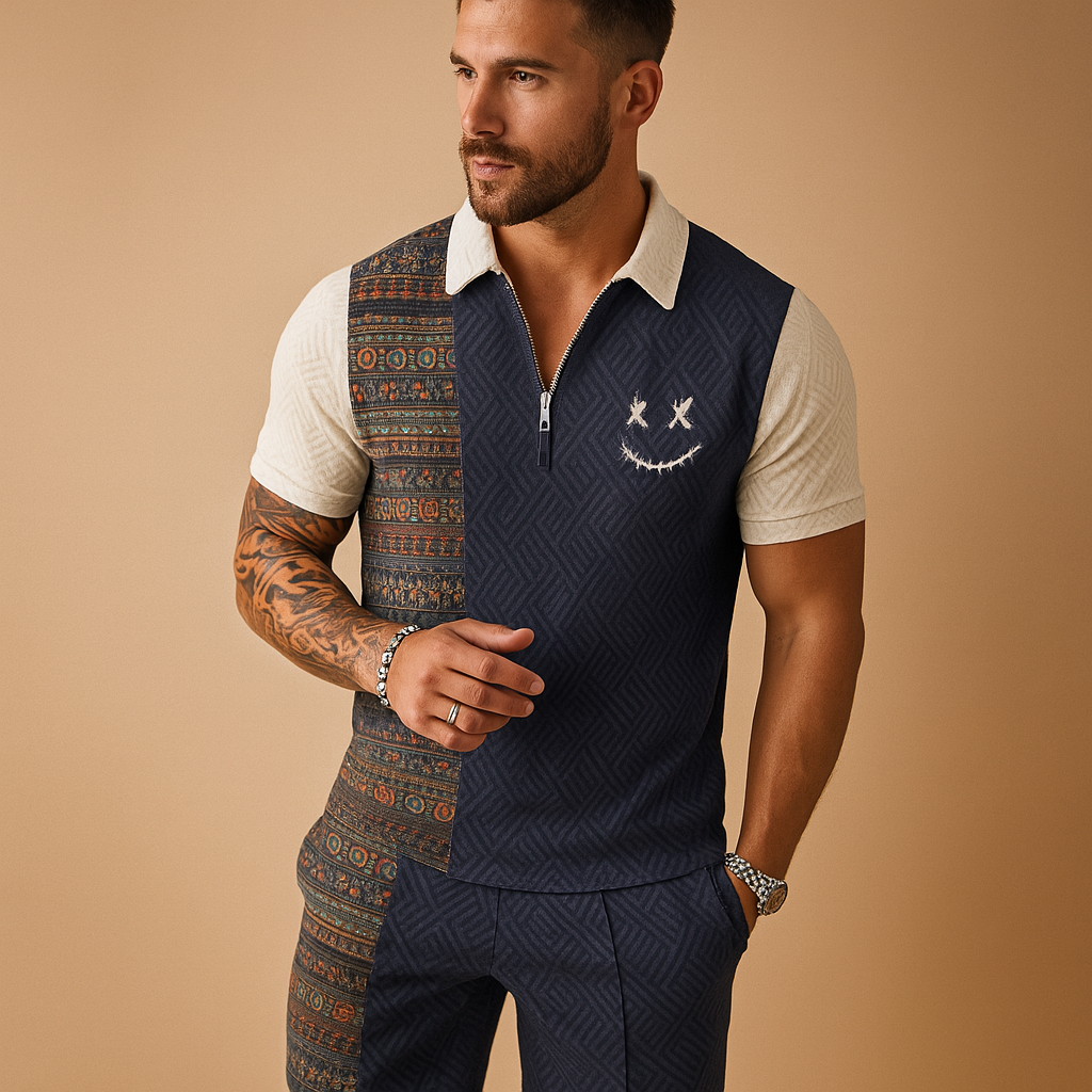 Men’s vintage summer set with printed polo and matching shorts with pockets. Relaxed fit, breathable fabric, perfect for vacations and casual summer days.