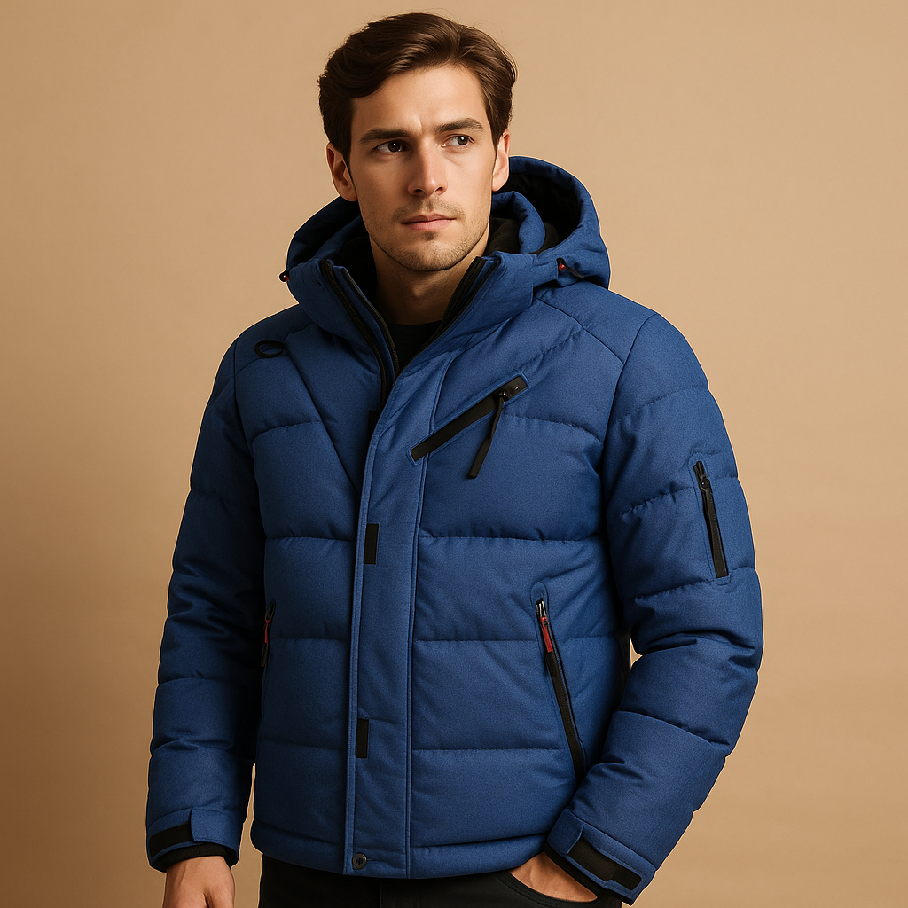 Men’s warm down parka with 90% down insulation and removable hood, regular fit for layering, available in black, green, and navy blue.