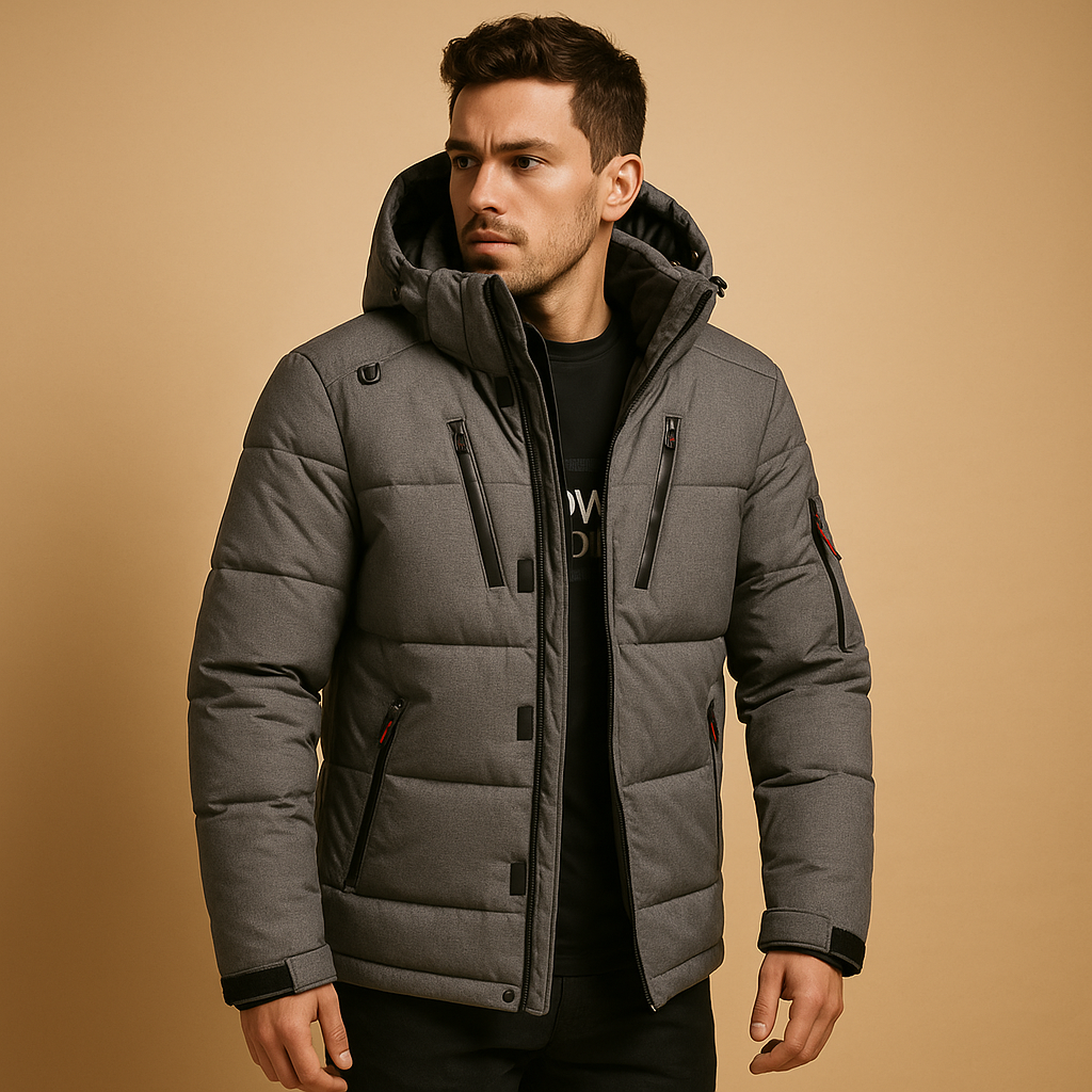 Men’s warm down parka with 90% down insulation and removable hood, regular fit for layering, available in black, green, and navy blue.