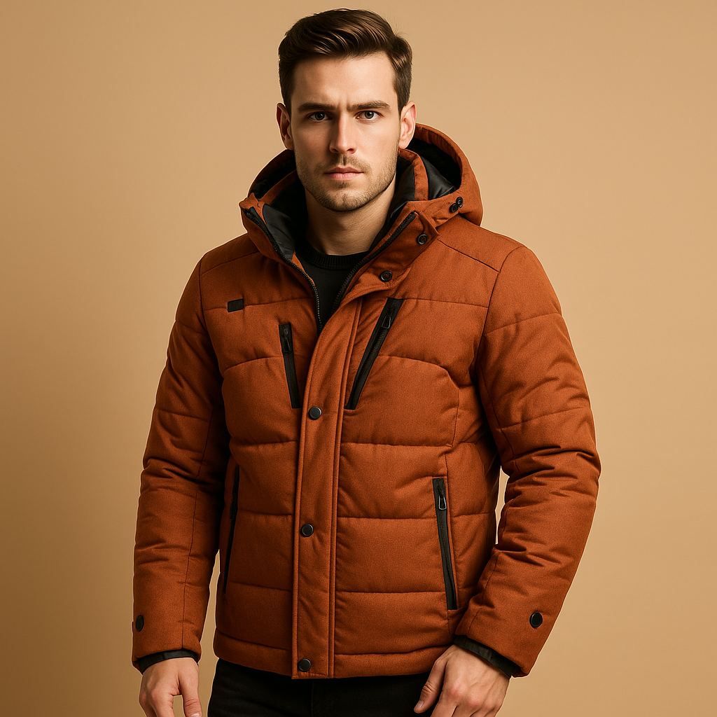 Men’s warm down parka with 90% down insulation and removable hood, regular fit for layering, available in black, green, and navy blue.