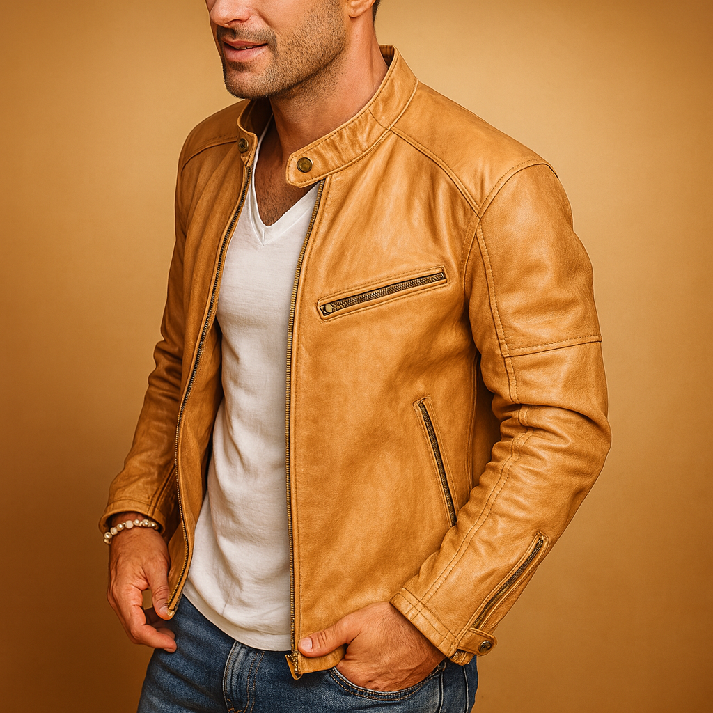Men’s waterproof biker jacket with modern design, zip closure, and tailored fit, ideal for rainy days, autumn, and winter city wear.