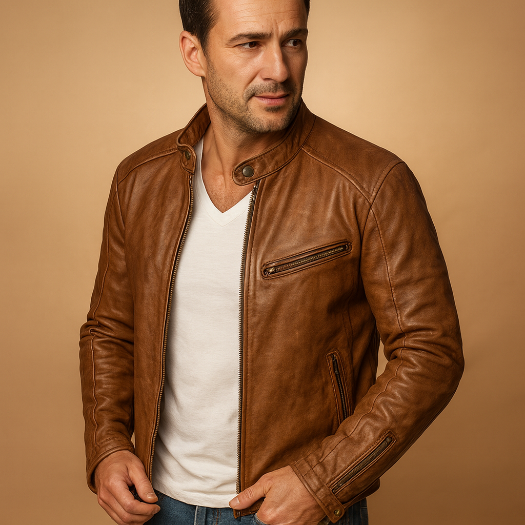 Men’s waterproof biker jacket with modern design, zip closure, and tailored fit, ideal for rainy days, autumn, and winter city wear.