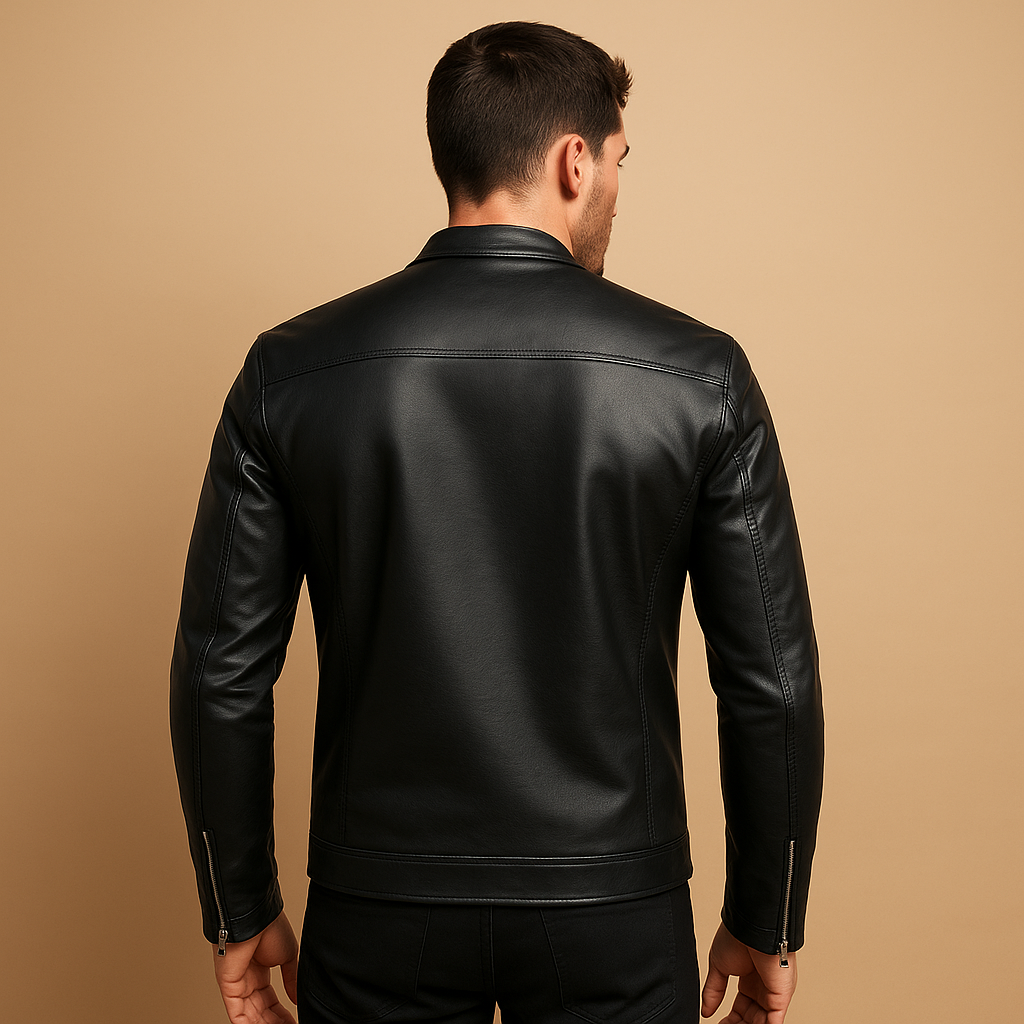 Men’s waterproof black biker jacket with tailored fit and soft lining, ideal for motor rides, casual wear, and all-weather protection.