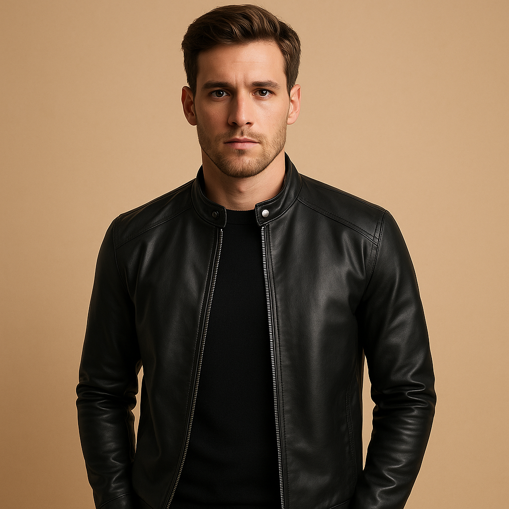 Men’s waterproof black biker jacket with tailored fit and soft lining, ideal for motor rides, casual wear, and all-weather protection.