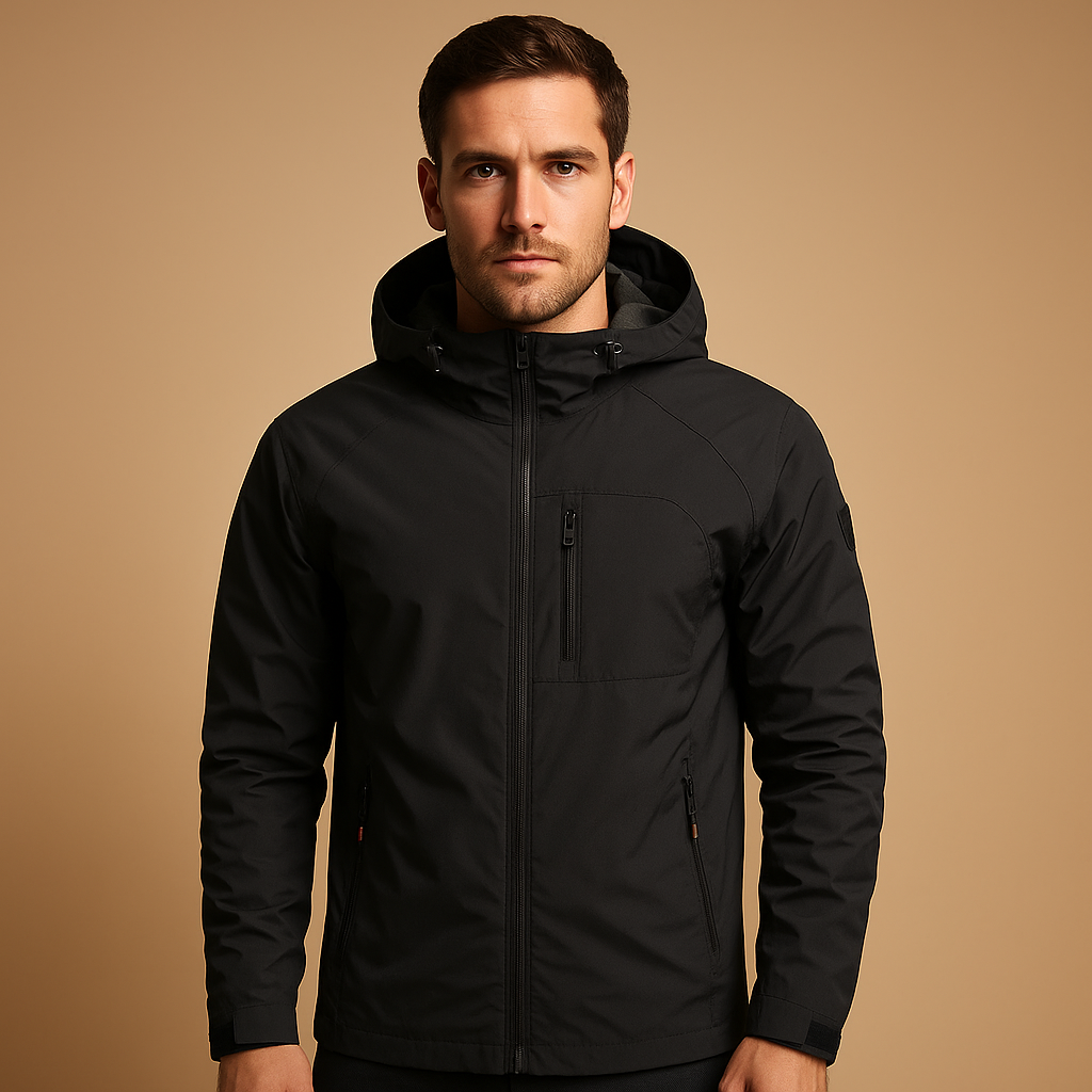 Men’s waterproof breathable windbreaker with lightweight fit and multiple zip pockets, designed for outdoor sports and everyday use.