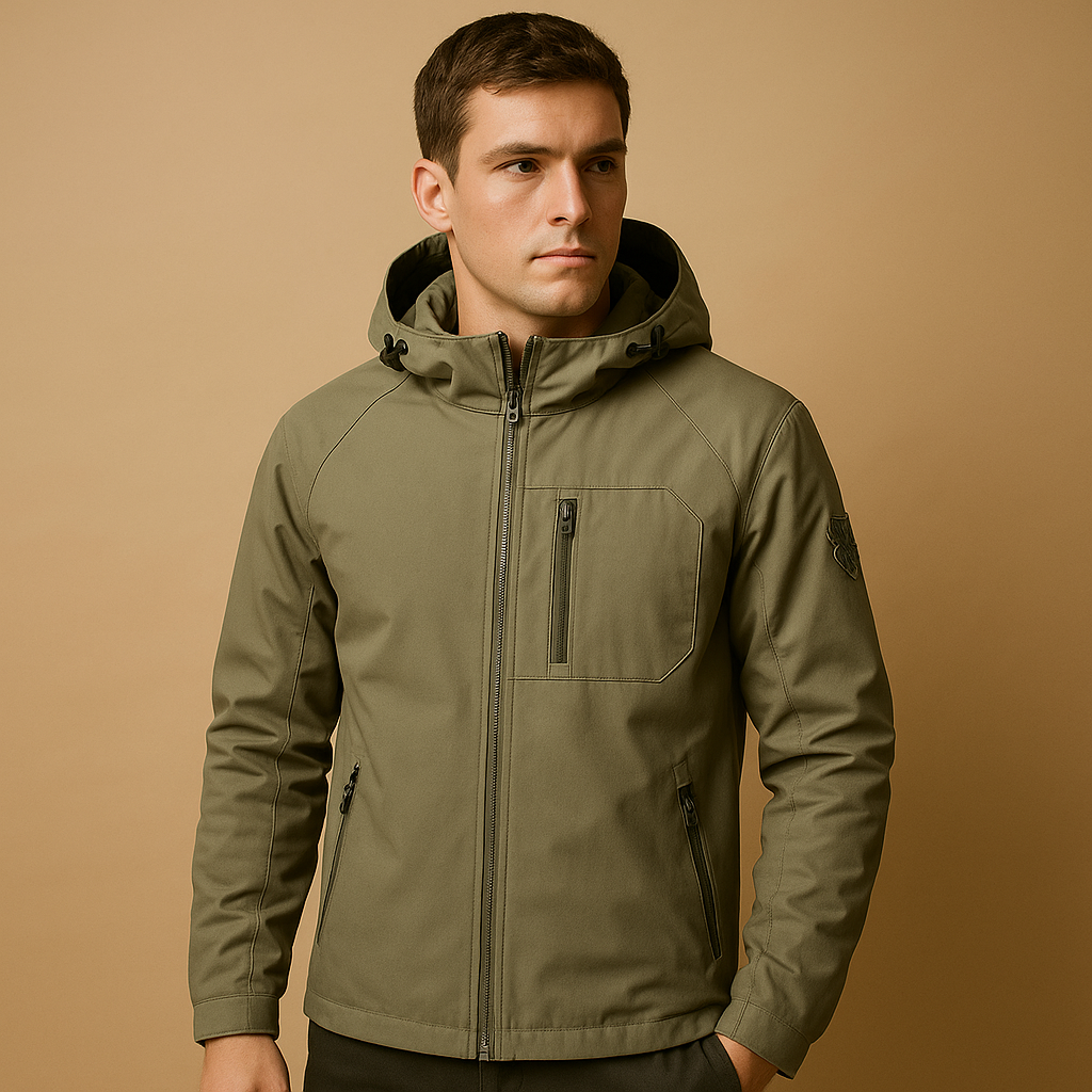 Men’s waterproof breathable windbreaker with lightweight fit and multiple zip pockets, designed for outdoor sports and everyday use.