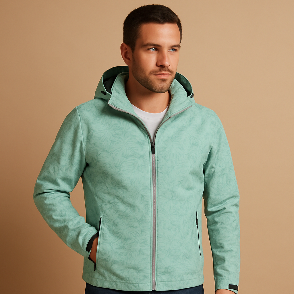 Men’s waterproof lightweight jacket with breathable design, adjustable hood, and subtle leaf pattern, ideal for outdoor activities and daily wear.