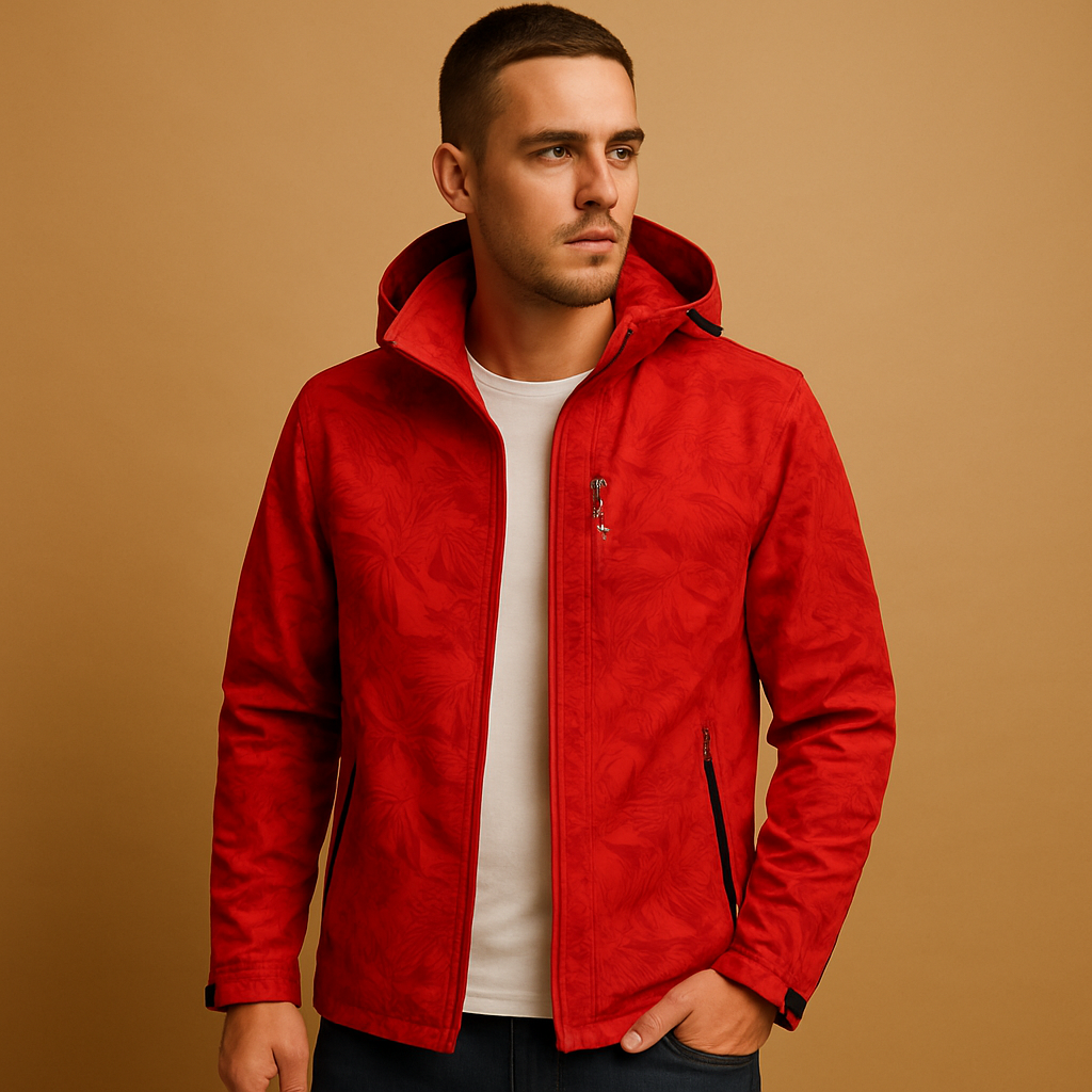 Men’s waterproof lightweight jacket with breathable design, adjustable hood, and subtle leaf pattern, ideal for outdoor activities and daily wear.