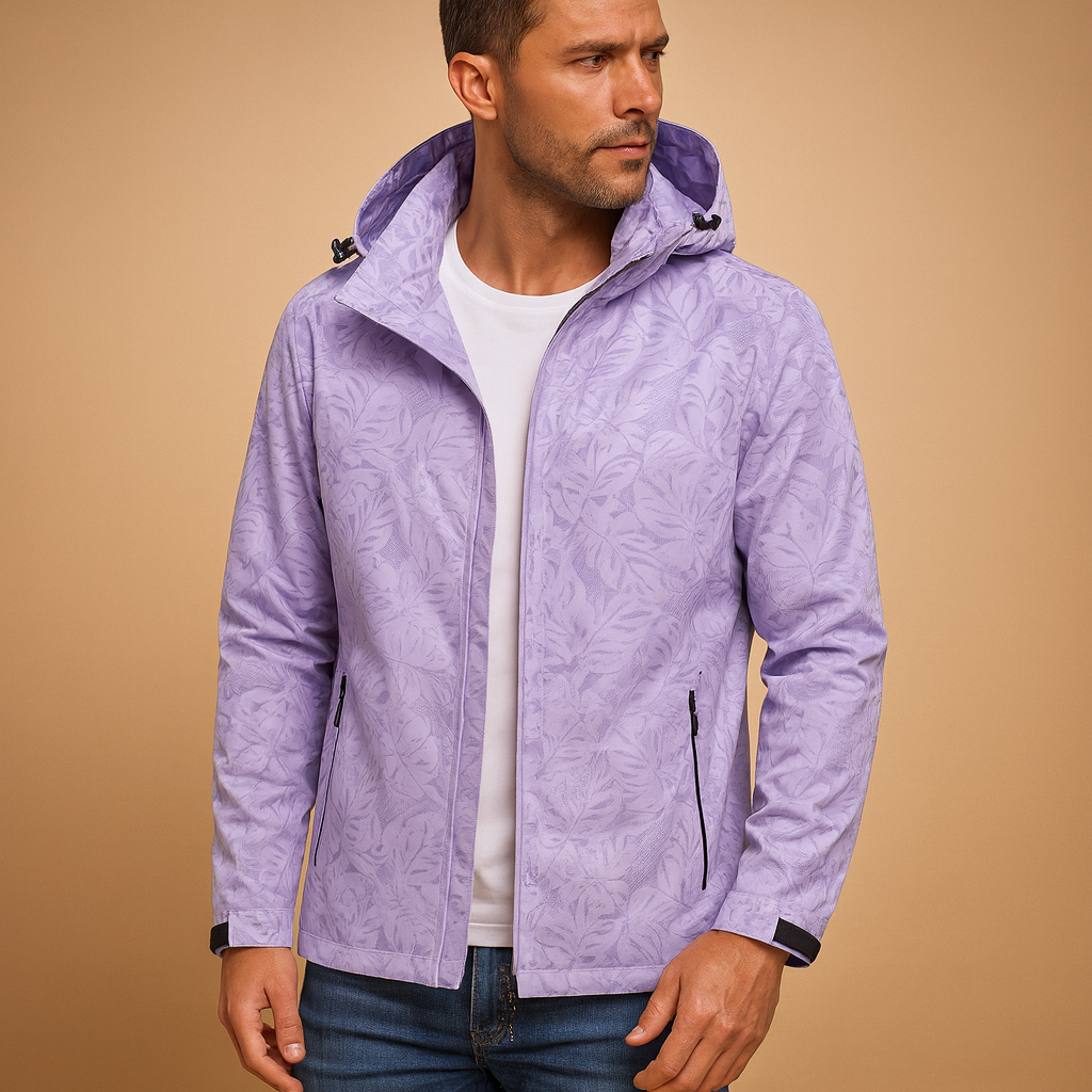 Men’s waterproof lightweight jacket with breathable design, adjustable hood, and subtle leaf pattern, ideal for outdoor activities and daily wear.