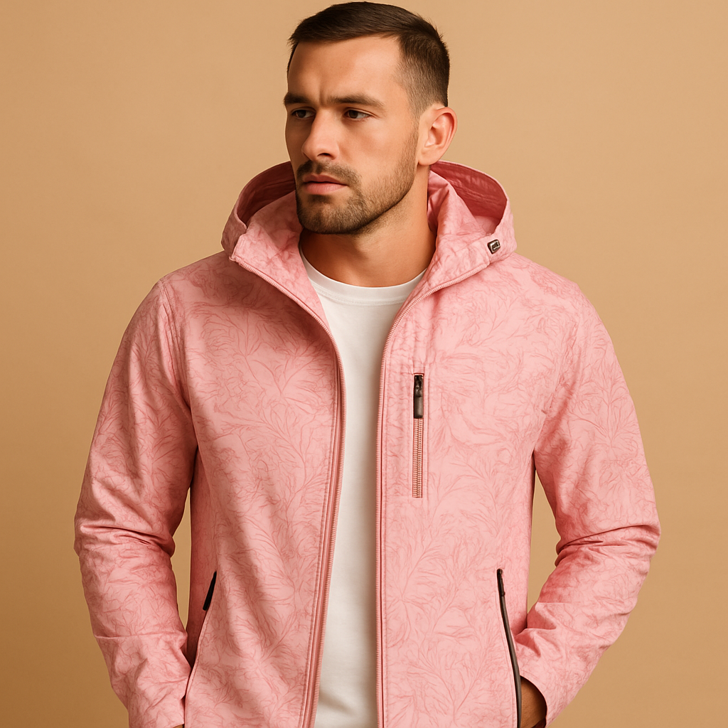 Men’s waterproof lightweight jacket with breathable design, adjustable hood, and subtle leaf pattern, ideal for outdoor activities and daily wear.