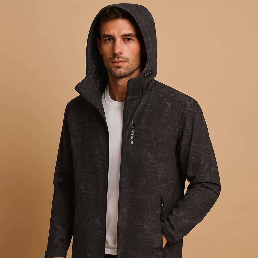 Men’s waterproof lightweight jacket with breathable design, adjustable hood, and subtle leaf pattern, ideal for outdoor activities and daily wear.