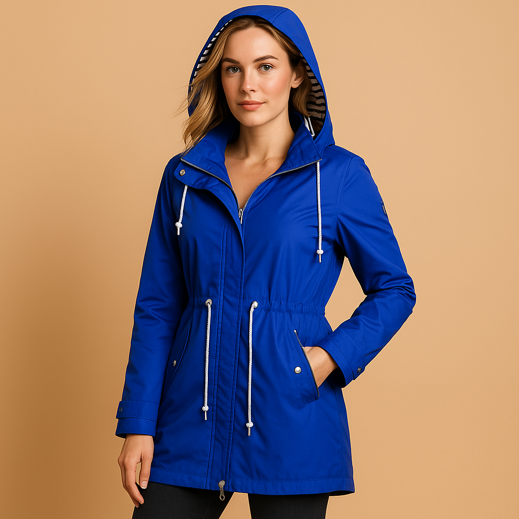 Women’s waterproof parka coat with adjustable waist, windproof outer layer, soft lining, 2-way zipper, and snap-button pockets.