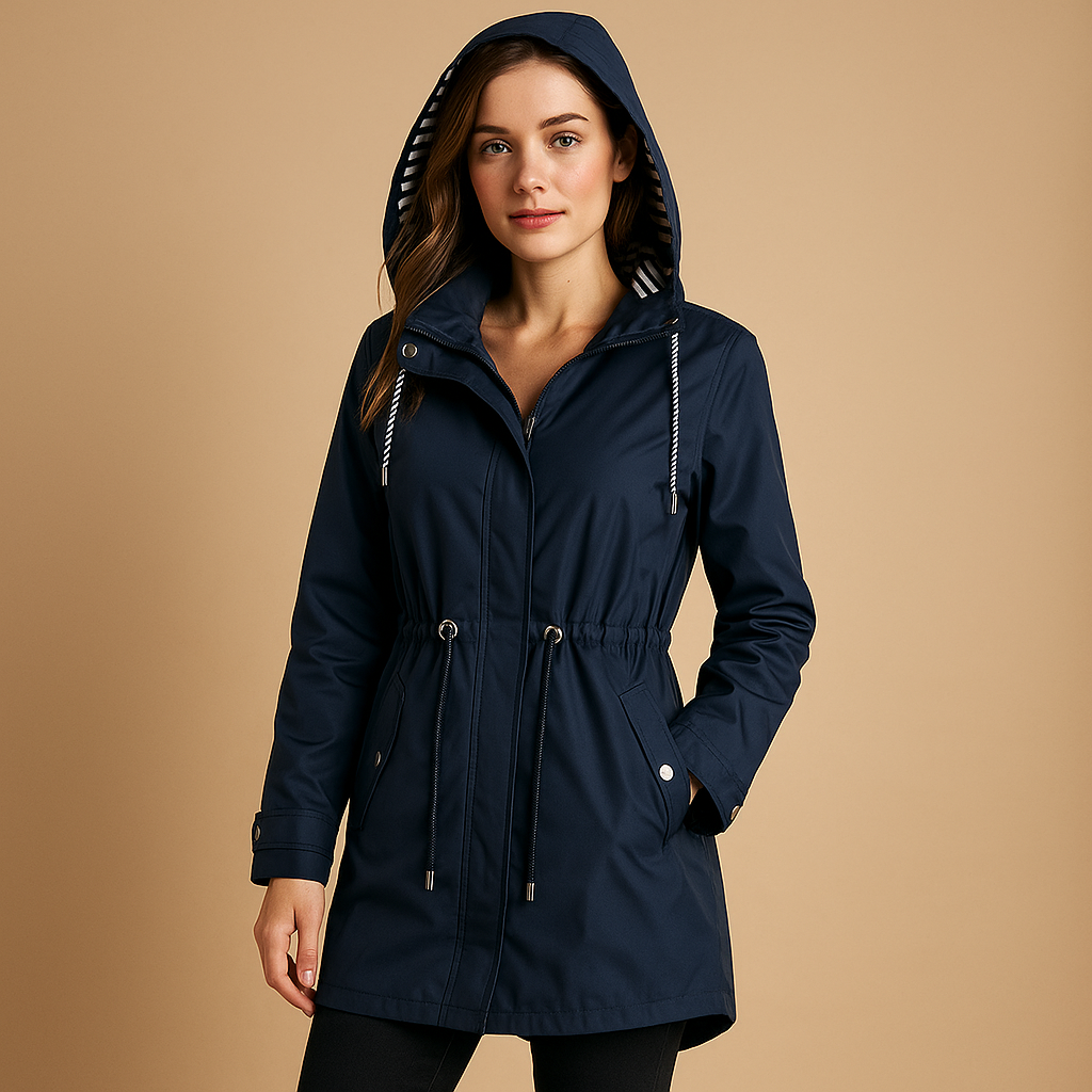Women’s waterproof parka coat with adjustable waist, windproof outer layer, soft lining, 2-way zipper, and snap-button pockets.