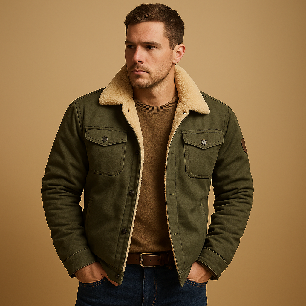 Men’s winter bomber jacket with ribbed cuffs, insulating lining, and timeless design, perfect for casual wear and cold-weather outings.