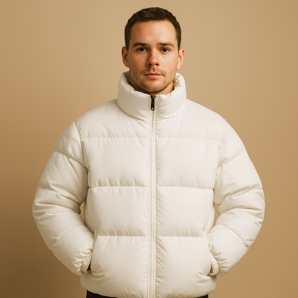 Men’s winter jacket with high collar, premium insulation, and sleek design, offering warmth and style for cold winter days.