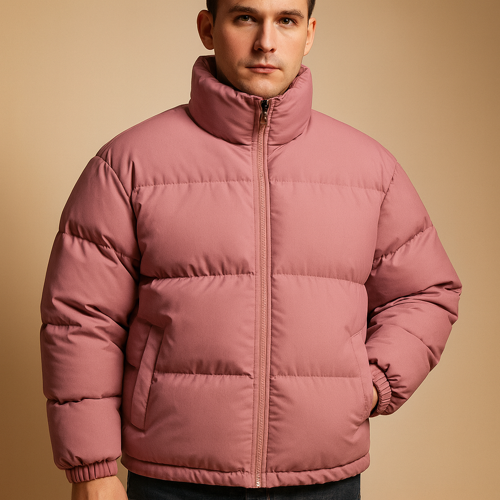 Men’s winter jacket with high collar, premium insulation, and sleek design, offering warmth and style for cold winter days.