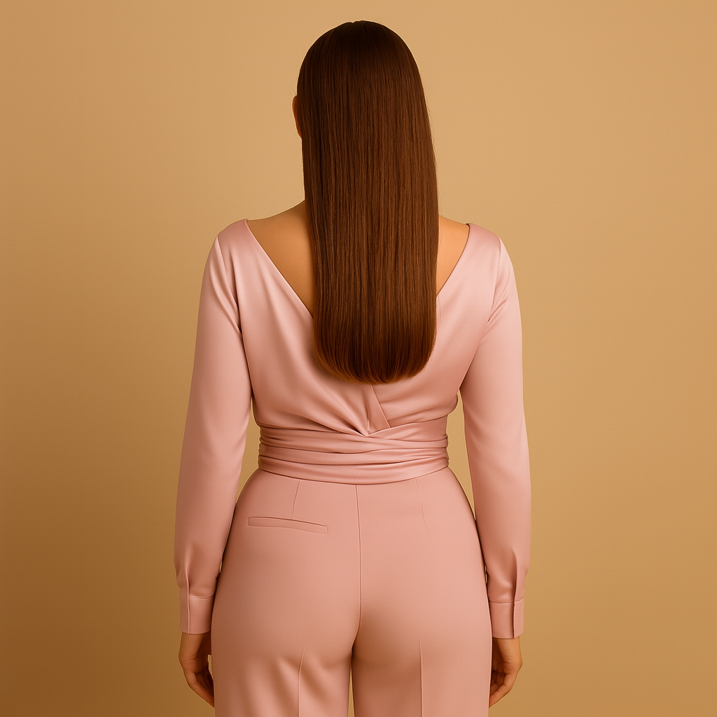 Women’s pink wrap blouse with tie waist and long sleeves — elegant, feminine, and perfect for casual or formal outfits.