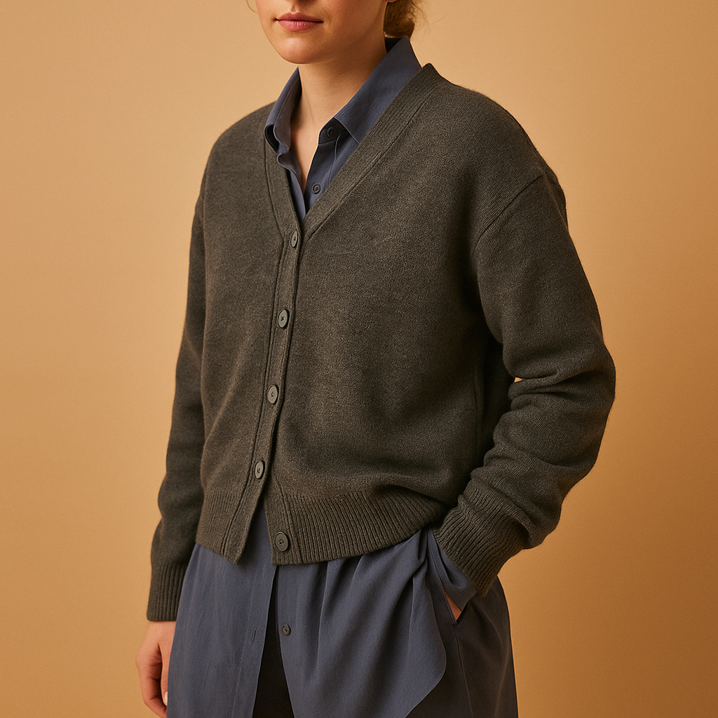 Women’s wrap cardigan with asymmetrical button closure, made from soft cashmere-style fabric, perfect for chic evenings and cozy everyday wear.