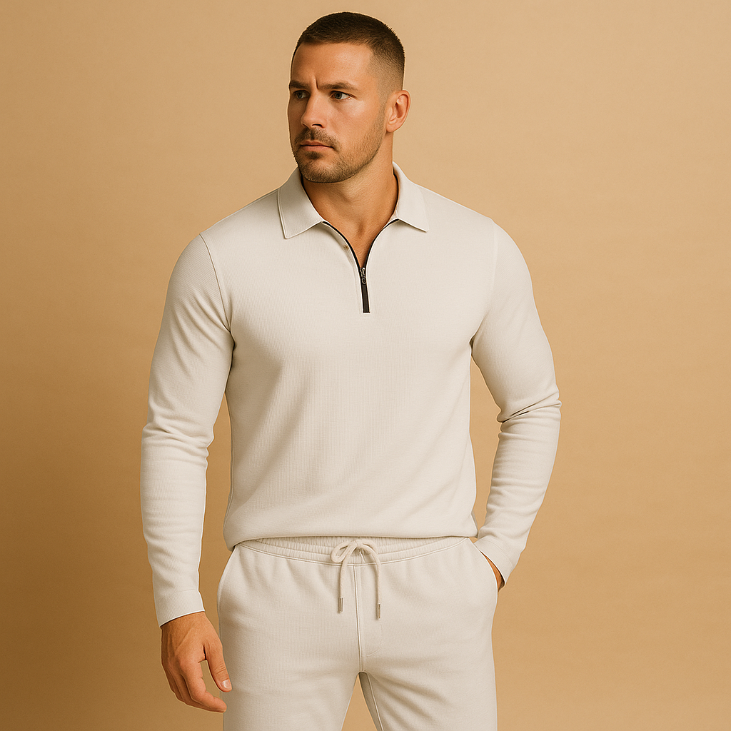 Modern tracksuit for men with zipped polo top and tapered joggers. Slim fit with stretch, perfect for casual outings, city walks, or relaxing at home.