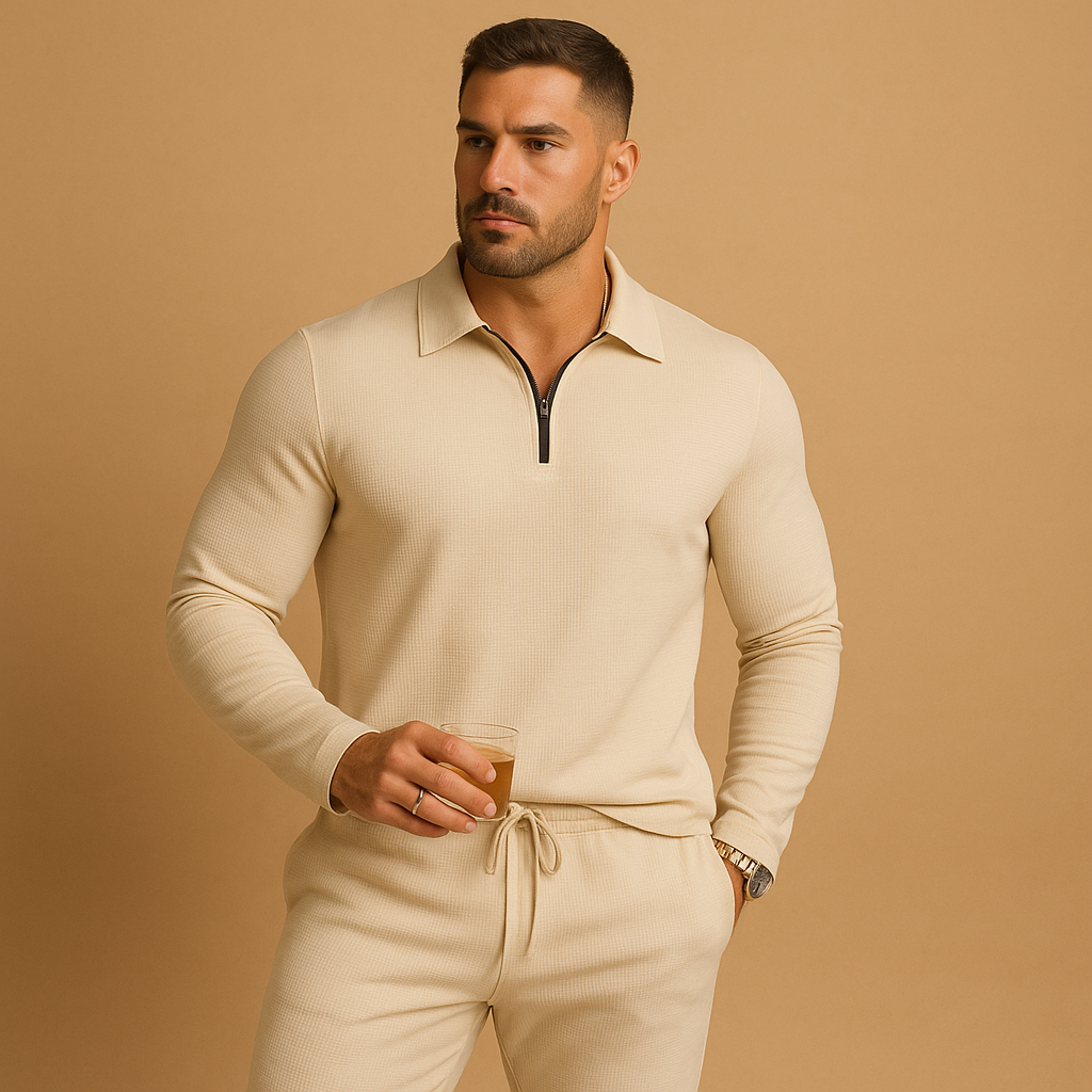 Modern tracksuit for men with zipped polo top and tapered joggers. Slim fit with stretch, perfect for casual outings, city walks, or relaxing at home.