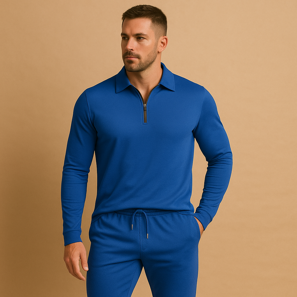 Modern tracksuit for men with zipped polo top and tapered joggers. Slim fit with stretch, perfect for casual outings, city walks, or relaxing at home.