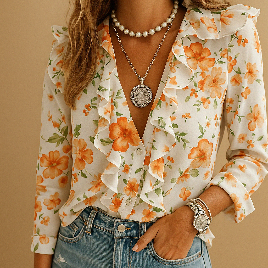 Women’s long-sleeve blouse with butterfly print and ruffle details, perfect for spring and elegant occasions.