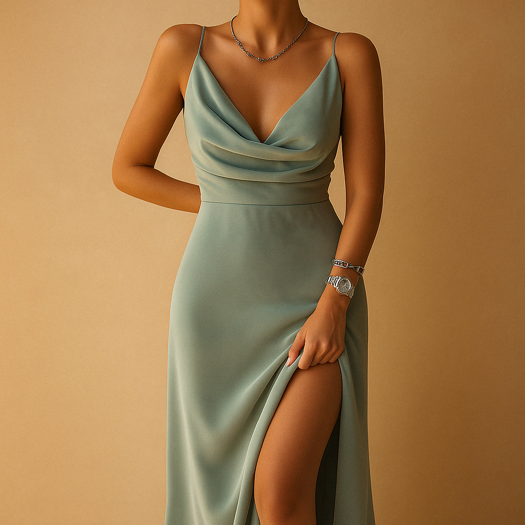 Elegant formal maxi dress for women with V-neck and flowing fit, ideal for weddings, galas, and black-tie events.
